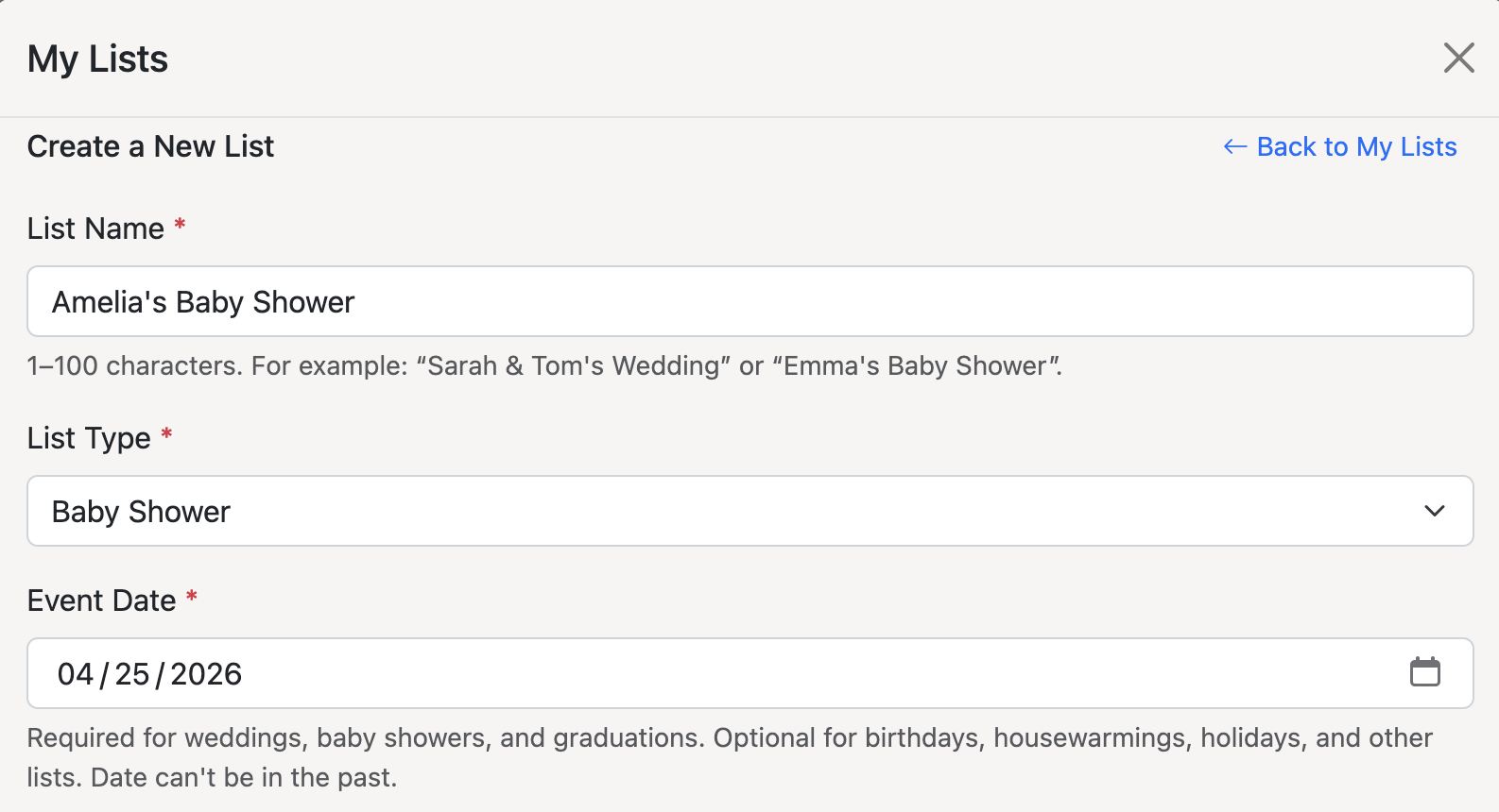 Create a new baby shower list, name it, select Baby Shower as list type, and the add date