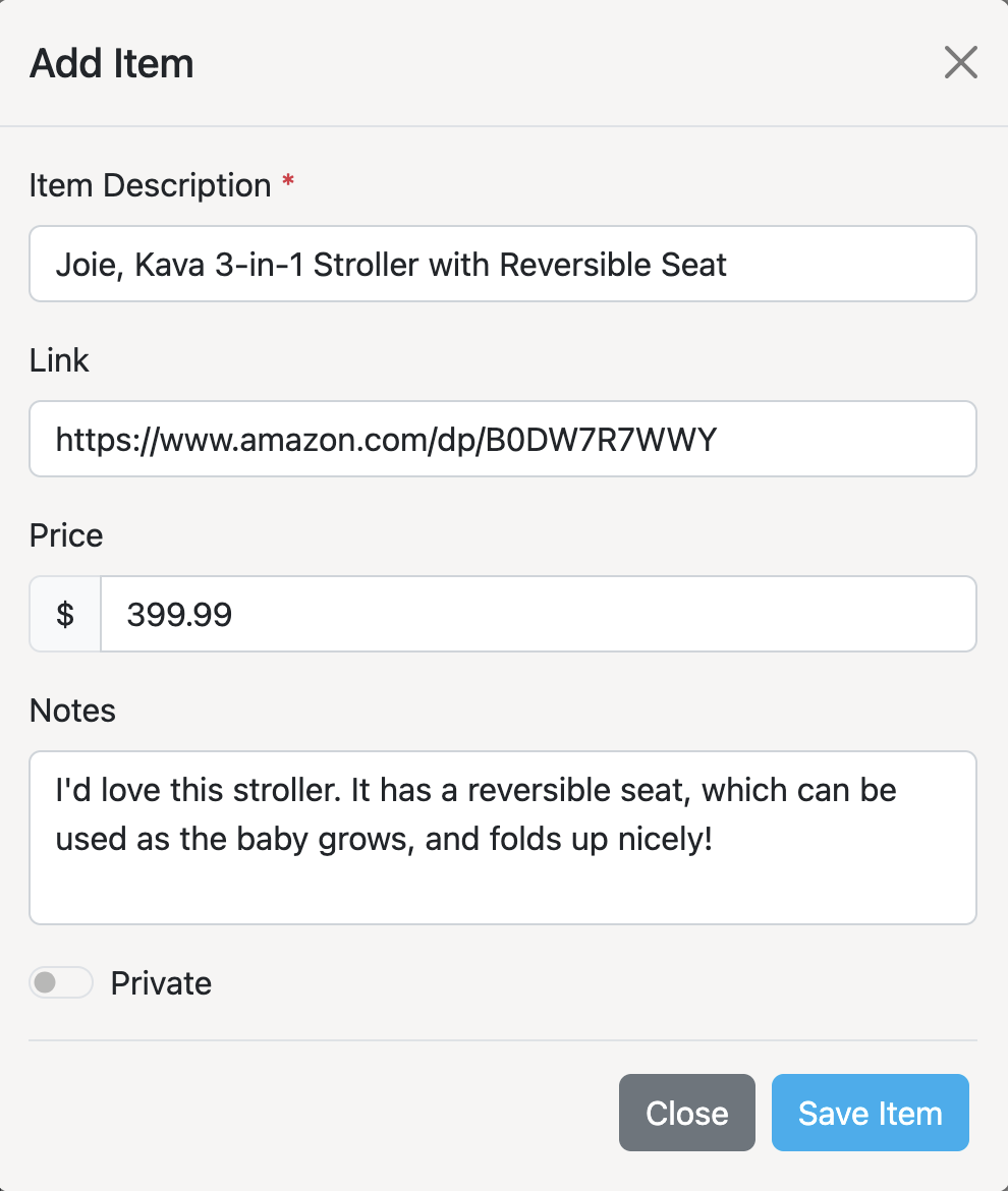 Add baby gift items to your list