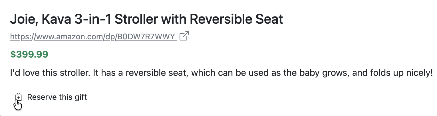 Guests reserve gifts for a baby shower list