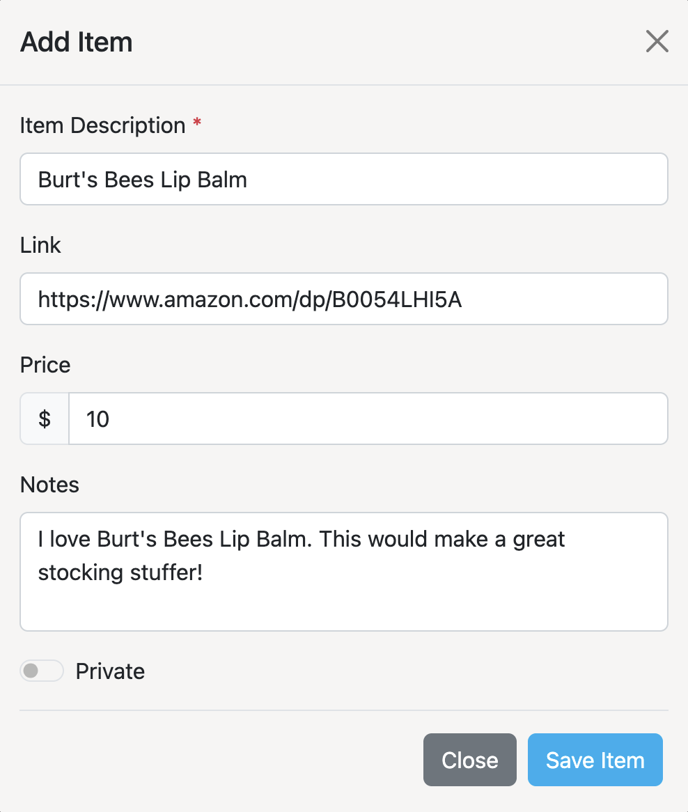 WishyBox add item form