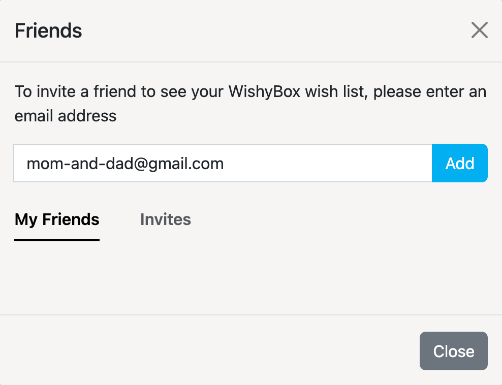 WishyBox Friends panel showing the form to invite a friend by email