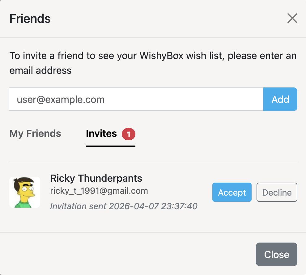The Invites tab in the WishyBox Friends panel showing pending invites with accept and decline buttons