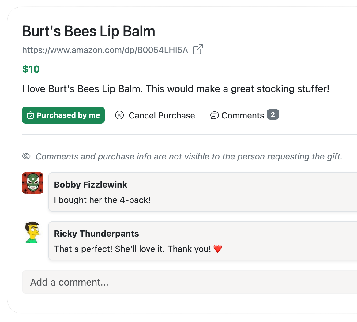 The comment interface on a reserved gift, hidden from the list owner