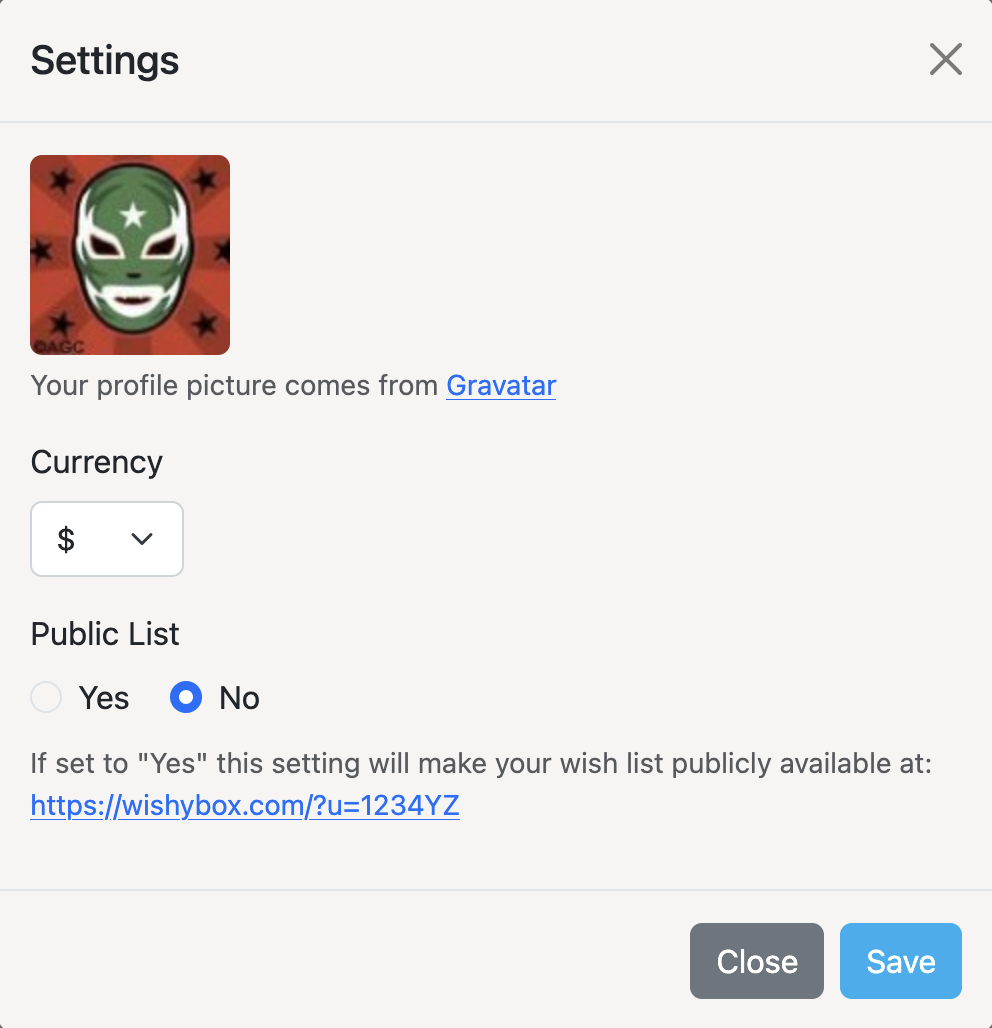 The WishyBox Settings panel showing currency and public list options